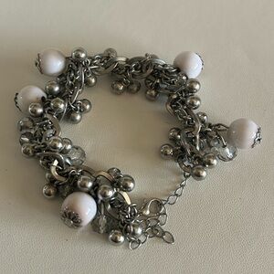 Vintage Silver White & Rhinestone Heavily Beaded Bracelet